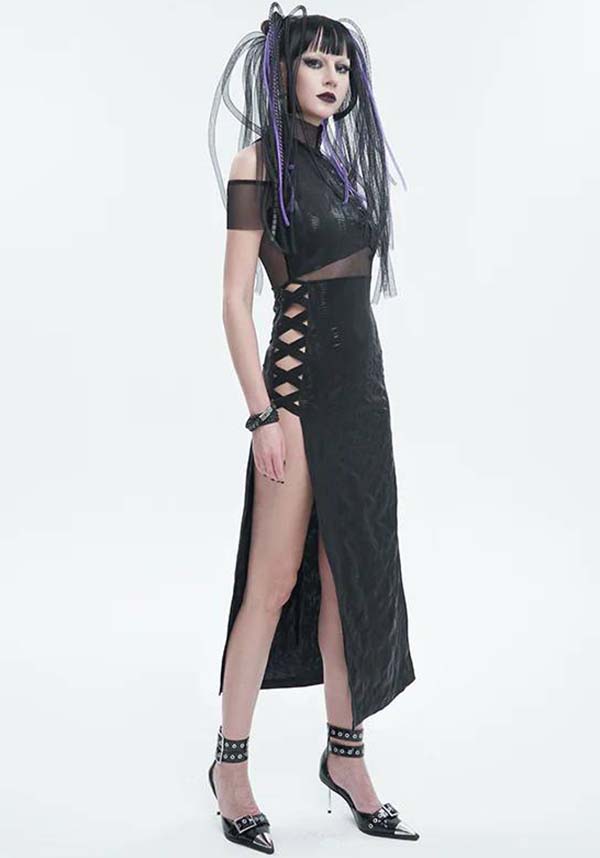 Devil Fashion Gothic Punk Maxi Dress - Black with Mesh Insert and Side Slit (Women's)