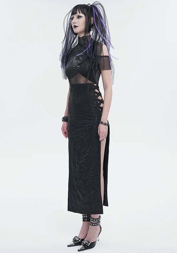 Devil Fashion Gothic Punk Maxi Dress - Black with Mesh Insert and Side Slit (Women's)