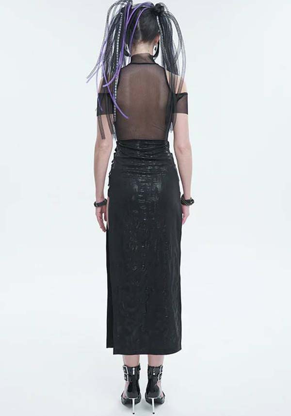 Devil Fashion Gothic Punk Maxi Dress - Black with Mesh Insert and Side Slit (Women's)