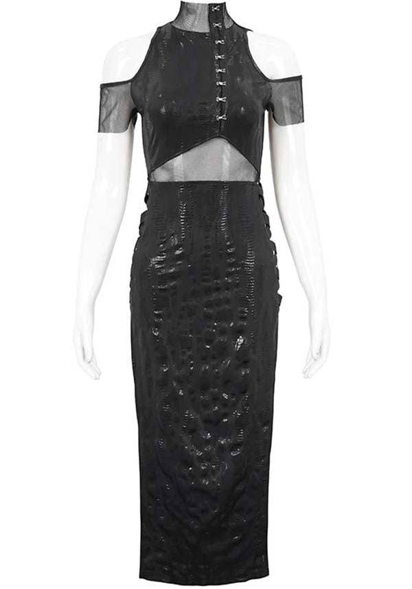 Devil Fashion Gothic Punk Maxi Dress - Black with Mesh Insert and Side Slit (Women's)