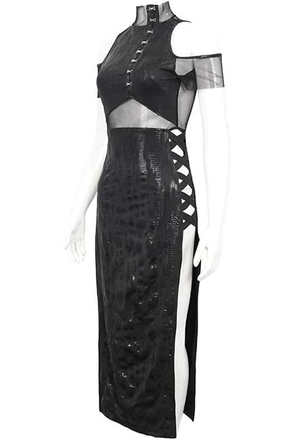 Devil Fashion Gothic Punk Maxi Dress - Black with Mesh Insert and Side Slit (Women's)