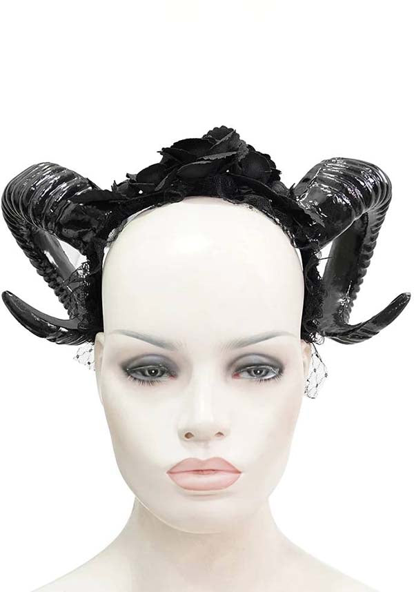 Devil Fashion Gothic Rose and Horns Headband - Black with Realistic Ram Horns (Unisex)