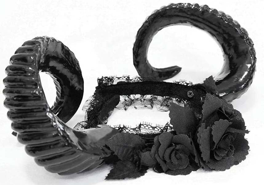 Devil Fashion Gothic Rose and Horns Headband - Black with Realistic Ram Horns (Unisex)