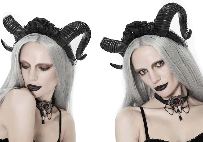 Devil Fashion Gothic Rose and Horns Headband - Black with Realistic Ram Horns (Unisex)