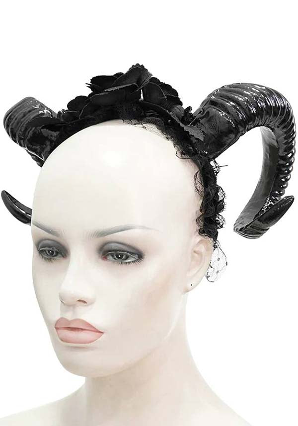 Devil Fashion Gothic Rose and Horns Headband - Black with Realistic Ram Horns (Unisex)