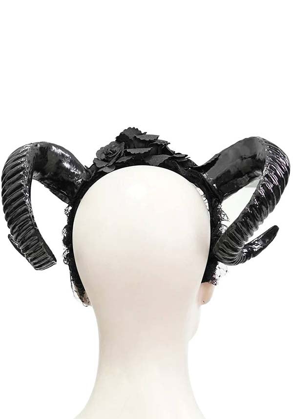 Devil Fashion Gothic Rose and Horns Headband - Black with Realistic Ram Horns (Unisex)