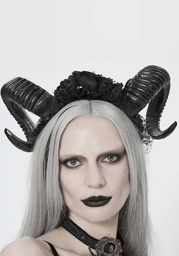 Devil Fashion Gothic Rose and Horns Headband - Black with Realistic Ram Horns (Unisex)