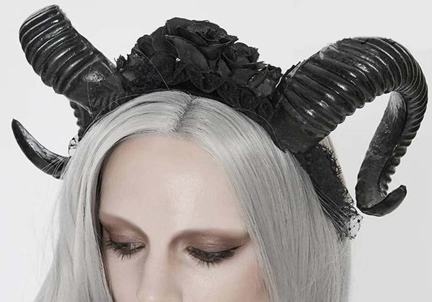 Devil Fashion Gothic Rose and Horns Headband - Black with Realistic Ram Horns (Unisex)