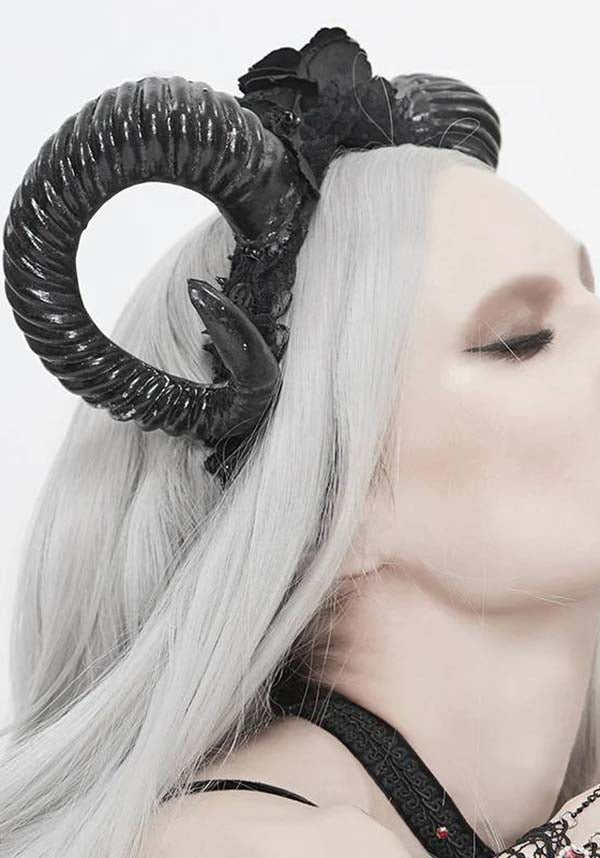 Devil Fashion Gothic Rose and Horns Headband - Black with Realistic Ram Horns (Unisex)