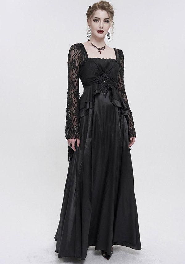 Devil Fashion Gothic Victorian Lace Sleeve Maxi Dress - Black with Empire Waist and Beaded Detail