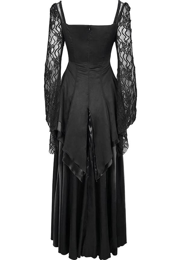 Devil Fashion Gothic Victorian Lace Sleeve Maxi Dress - Black with Empire Waist and Beaded Detail