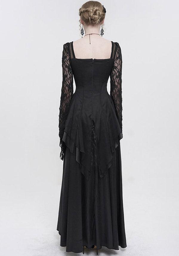 Devil Fashion Gothic Victorian Lace Sleeve Maxi Dress - Black with Empire Waist and Beaded Detail