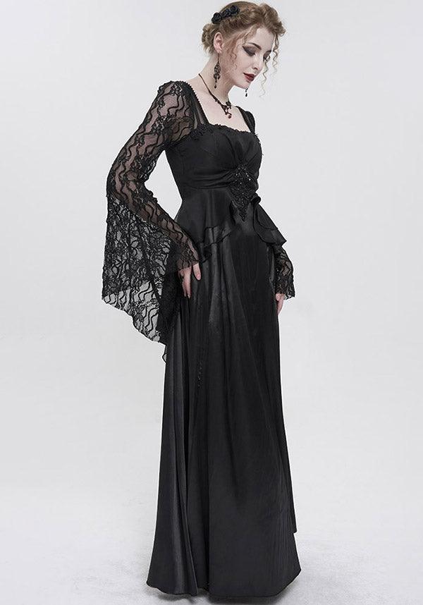 Devil Fashion Gothic Victorian Lace Sleeve Maxi Dress - Black with Empire Waist and Beaded Detail