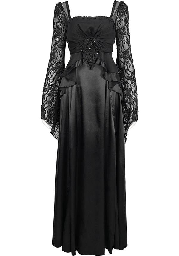 Devil Fashion Gothic Victorian Lace Sleeve Maxi Dress - Black with Empire Waist and Beaded Detail