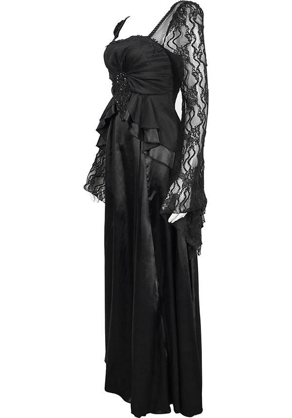 Devil Fashion Gothic Victorian Lace Sleeve Maxi Dress - Black with Empire Waist and Beaded Detail