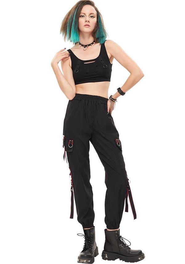 Devil Fashion Gothic Punk Cargo Pants - Black with Red Trim and D-Ring Straps