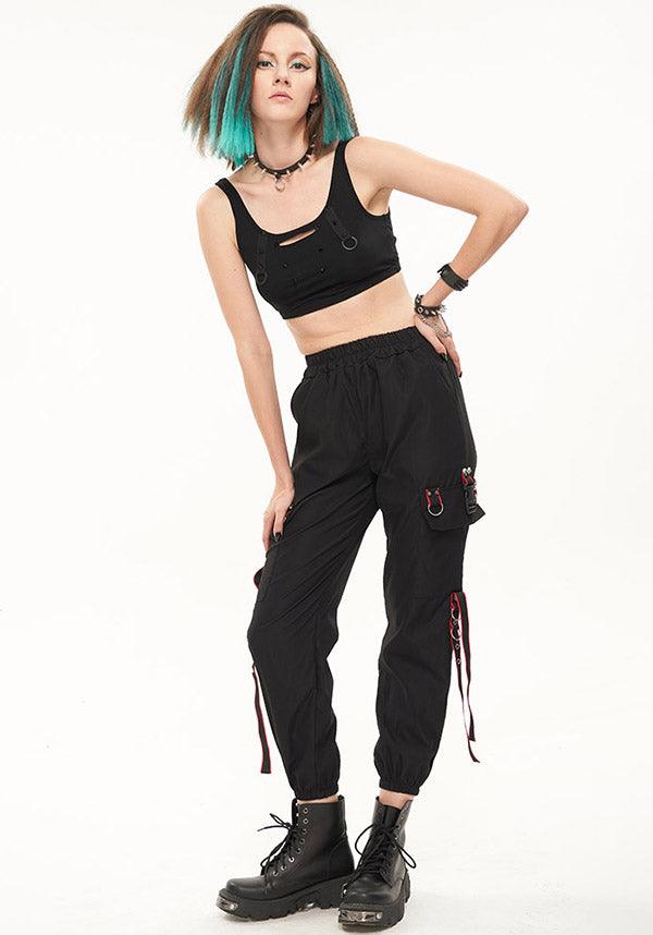 Devil Fashion Gothic Punk Cargo Pants - Black with Red Trim and D-Ring Straps