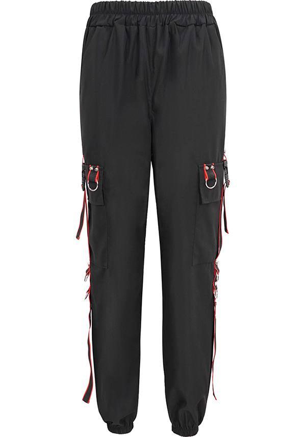 Devil Fashion Gothic Punk Cargo Pants - Black with Red Trim and D-Ring Straps