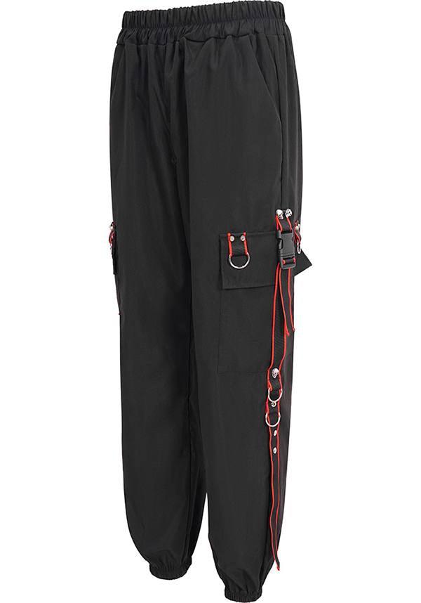 Devil Fashion Gothic Punk Cargo Pants - Black with Red Trim and D-Ring Straps