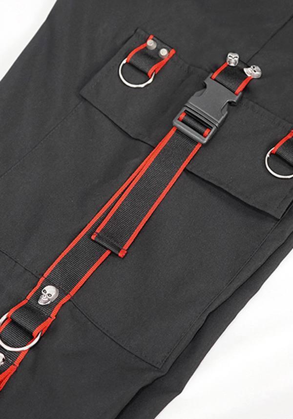 Devil Fashion Gothic Punk Cargo Pants - Black with Red Trim and D-Ring Straps