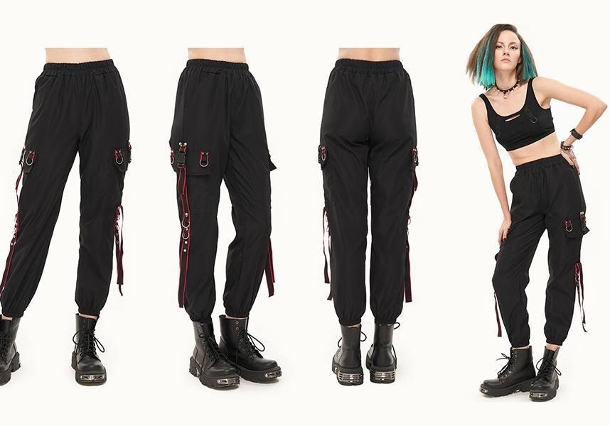 Devil Fashion Gothic Punk Cargo Pants - Black with Red Trim and D-Ring Straps