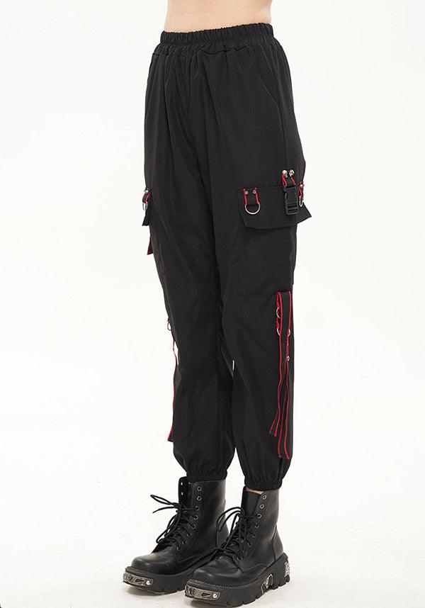 Devil Fashion Gothic Punk Cargo Pants - Black with Red Trim and D-Ring Straps