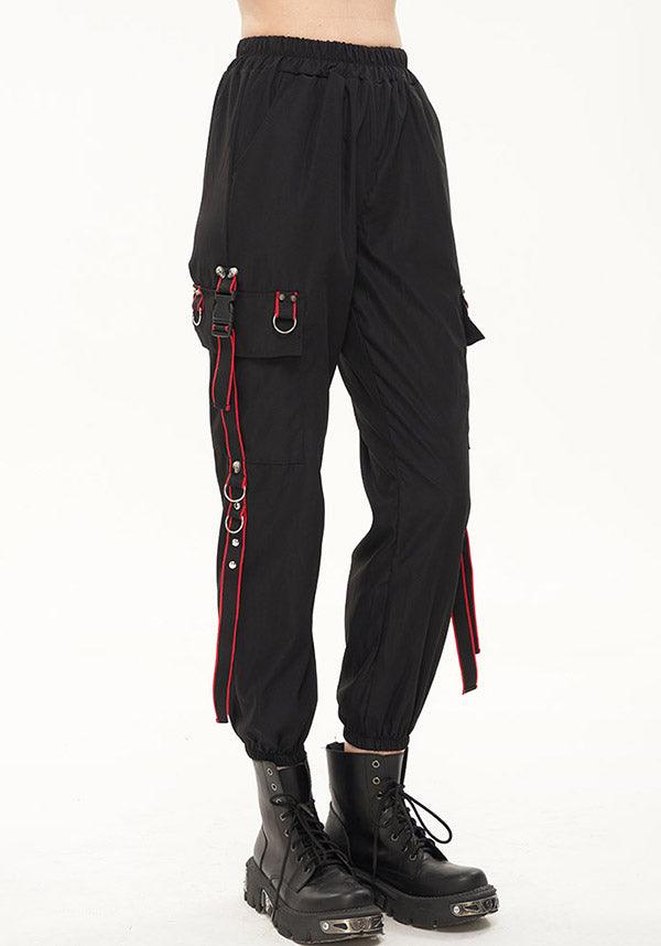 Devil Fashion Gothic Punk Cargo Pants - Black with Red Trim and D-Ring Straps