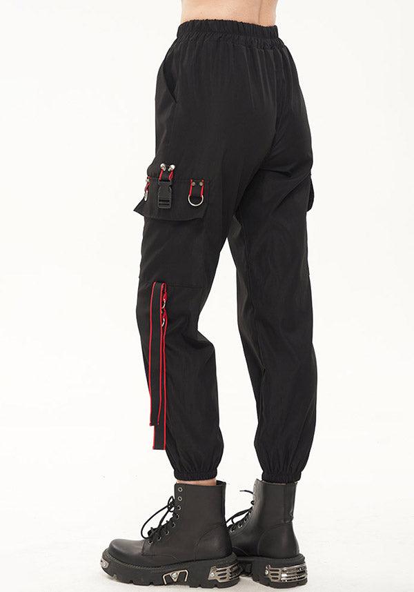 Devil Fashion Gothic Punk Cargo Pants - Black with Red Trim and D-Ring Straps