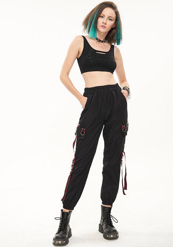 Devil Fashion Gothic Punk Cargo Pants - Black with Red Trim and D-Ring Straps