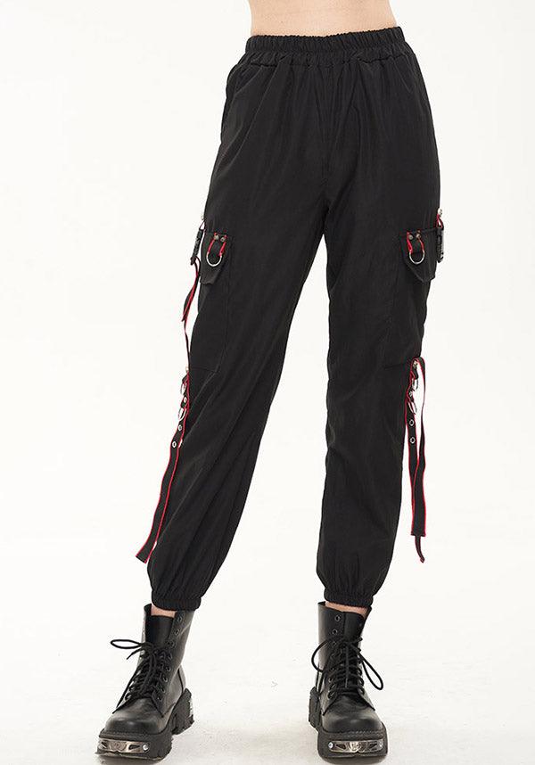 Devil Fashion Gothic Punk Cargo Pants - Black with Red Trim and D-Ring Straps