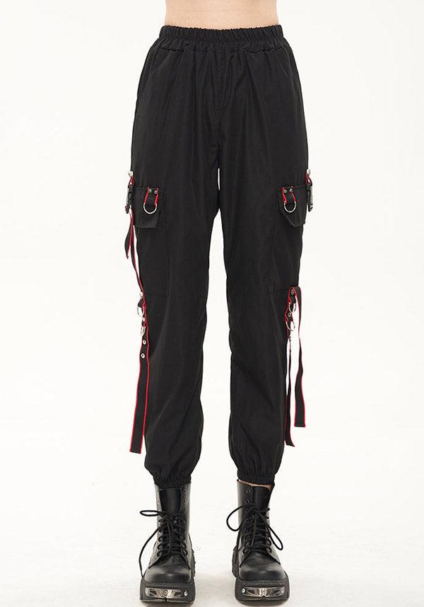 Devil Fashion Gothic Punk Cargo Pants - Black with Red Trim and D-Ring Straps