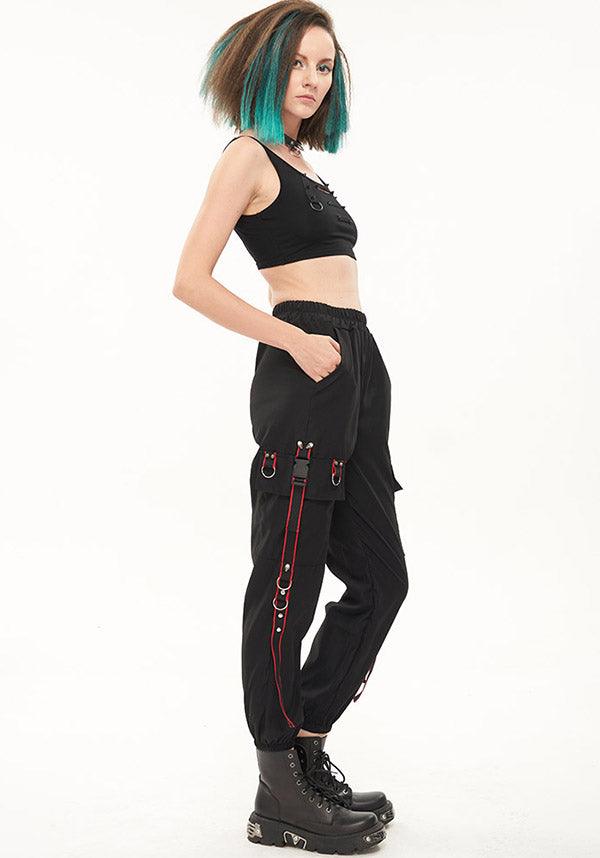 Devil Fashion Gothic Punk Cargo Pants - Black with Red Trim and D-Ring Straps