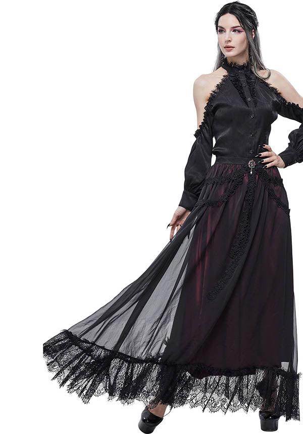 Devil Fashion Gothic Victorian Layered Maxi Skirt - Black and Burgundy with Lace Trim