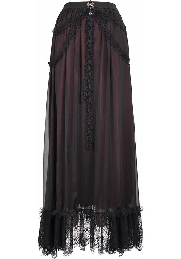 Devil Fashion Gothic Victorian Layered Maxi Skirt - Black and Burgundy with Lace Trim