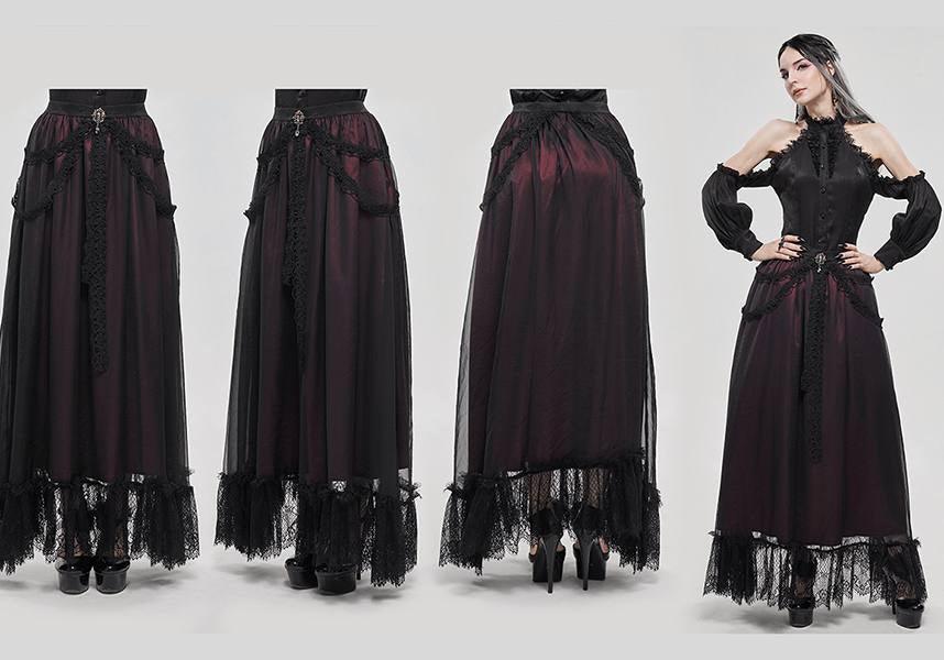 Devil Fashion Gothic Victorian Layered Maxi Skirt - Black and Burgundy with Lace Trim