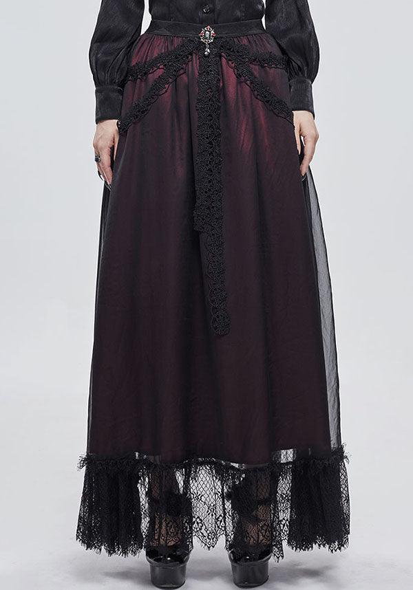 Devil Fashion Gothic Victorian Layered Maxi Skirt - Black and Burgundy with Lace Trim