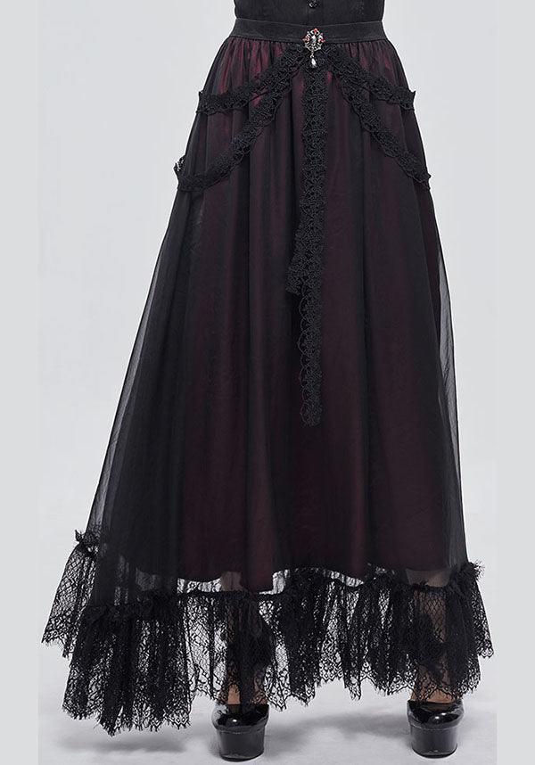 Devil Fashion Gothic Victorian Layered Maxi Skirt - Black and Burgundy with Lace Trim