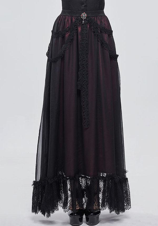 Devil Fashion Gothic Victorian Layered Maxi Skirt - Black and Burgundy with Lace Trim