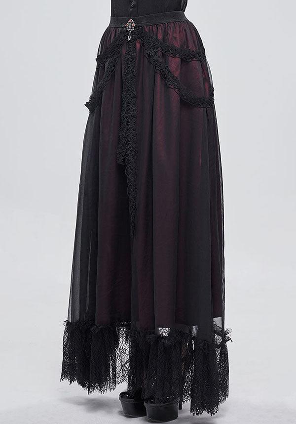 Devil Fashion Gothic Victorian Layered Maxi Skirt - Black and Burgundy with Lace Trim