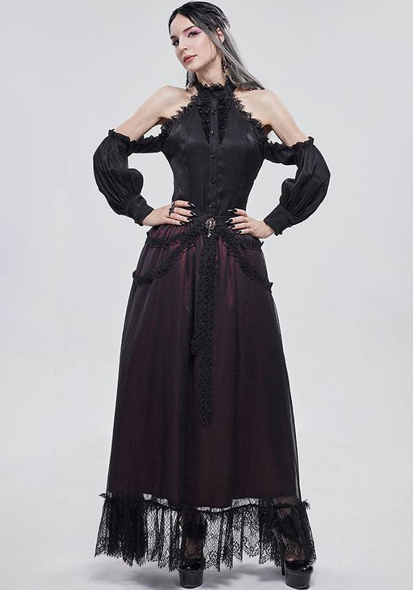 Devil Fashion Gothic Victorian Layered Maxi Skirt - Black and Burgundy with Lace Trim