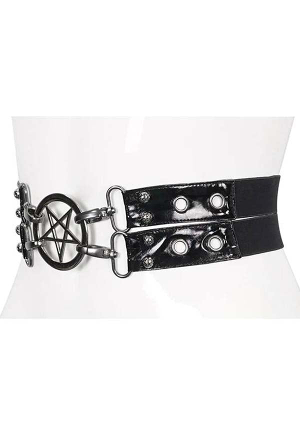 Devil Fashion Gothic Pentagram Studded Belt - Black Leather with Silver Hardware (Unisex)