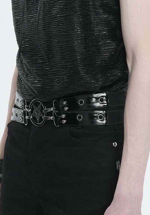 Devil Fashion Gothic Pentagram Studded Belt - Black Leather with Silver Hardware (Unisex)