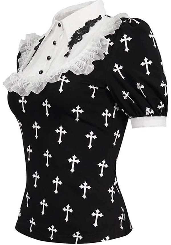 Devil Fashion Gothic Lolita Cross-Print Blouse - Black and White with Lace Collar