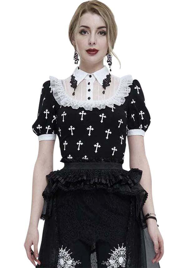 Devil Fashion Gothic Lolita Cross-Print Blouse - Black and White with Lace Collar