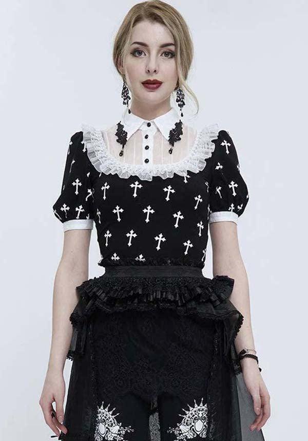 Devil Fashion Gothic Lolita Cross-Print Blouse - Black and White with Lace Collar