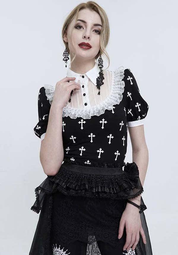 Devil Fashion Gothic Lolita Cross-Print Blouse - Black and White with Lace Collar