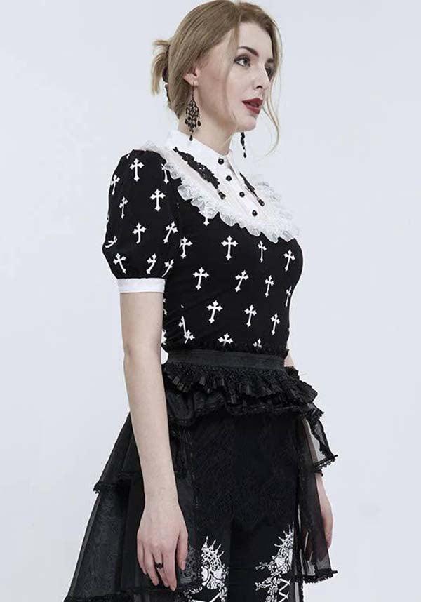 Devil Fashion Gothic Lolita Cross-Print Blouse - Black and White with Lace Collar