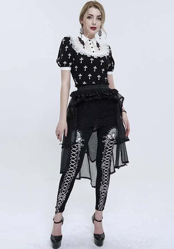 Devil Fashion Gothic Lolita Cross-Print Blouse - Black and White with Lace Collar