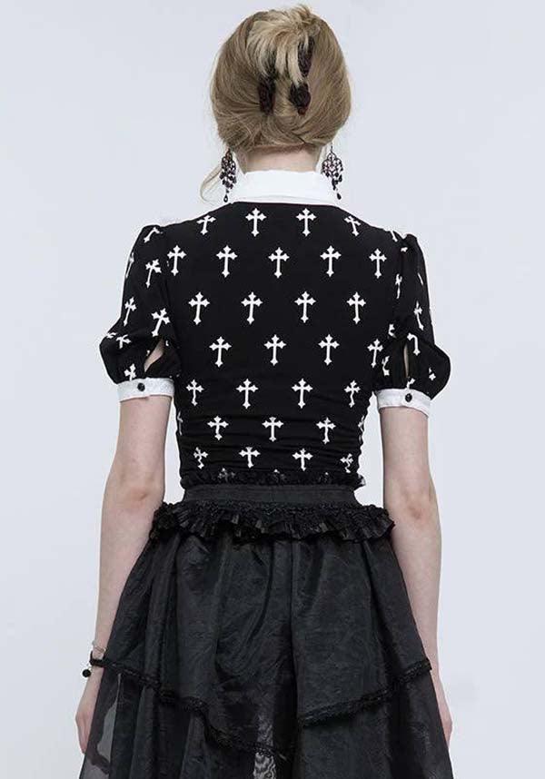 Devil Fashion Gothic Lolita Cross-Print Blouse - Black and White with Lace Collar