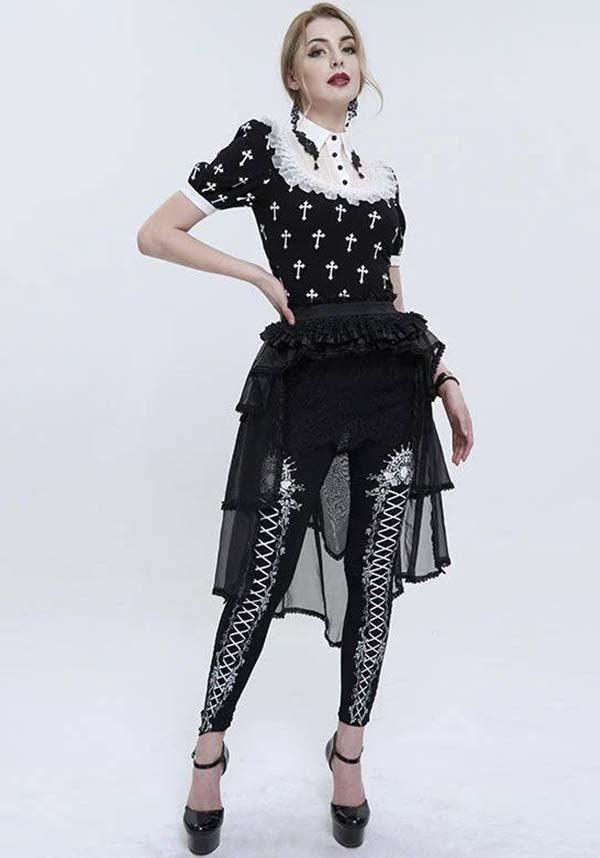 Devil Fashion Gothic Lolita Cross-Print Blouse - Black and White with Lace Collar